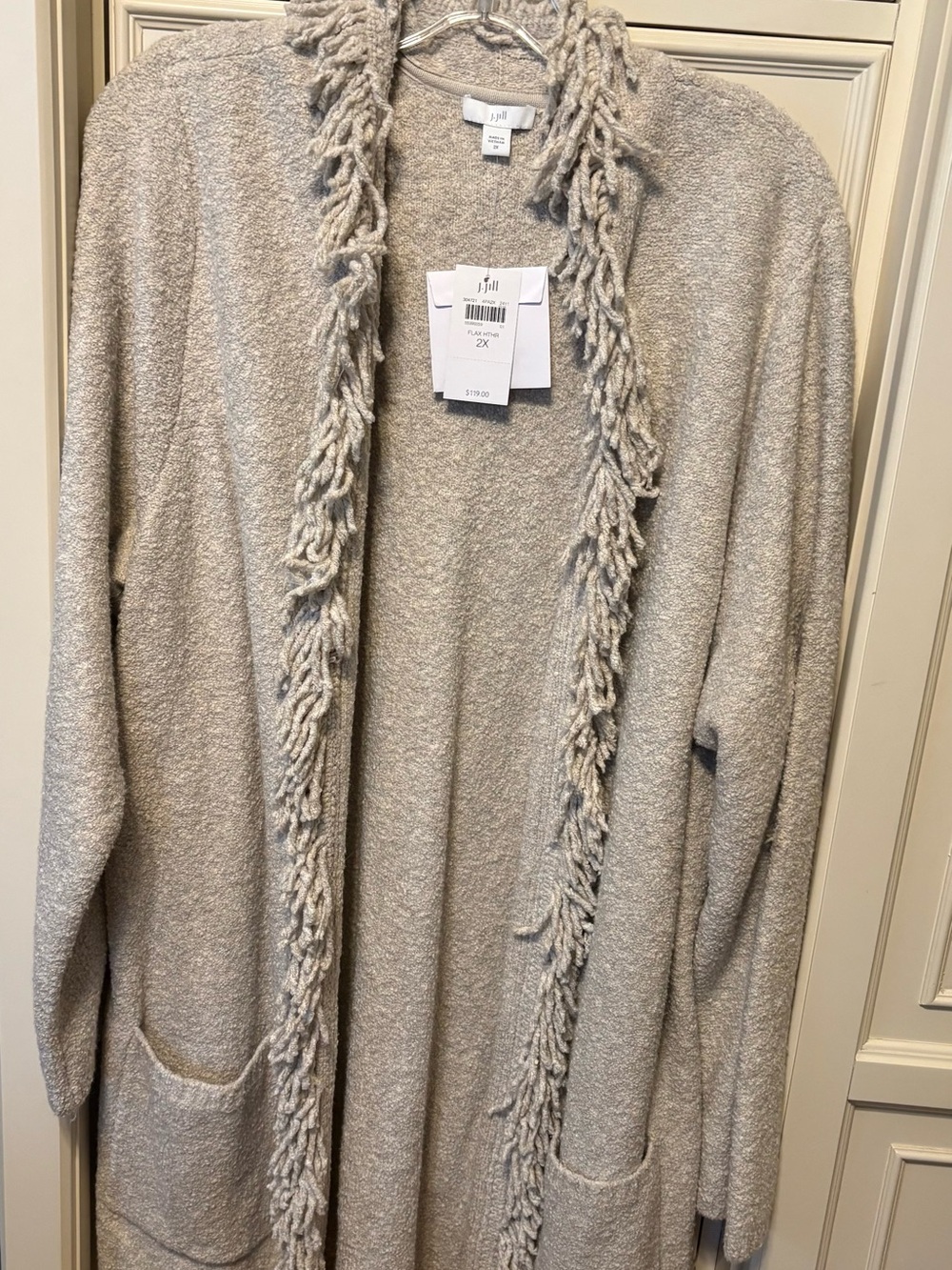 J. Jill Light Taupe Fringe-Trim Open Cardigan